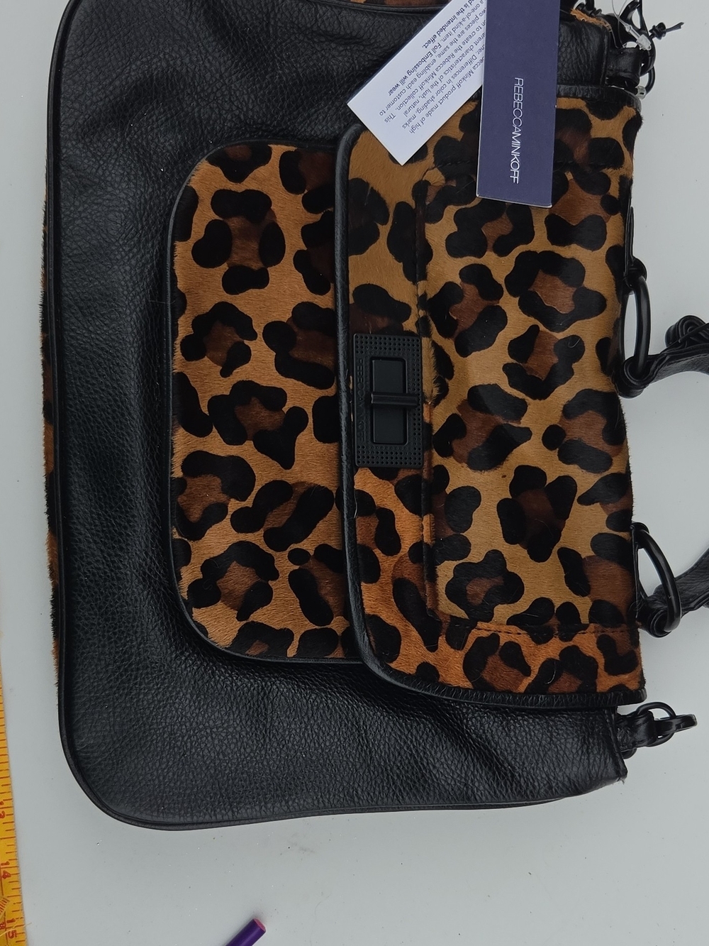 Rebecca Minkoff Black Leather Messenger with Leopard-Print Panels